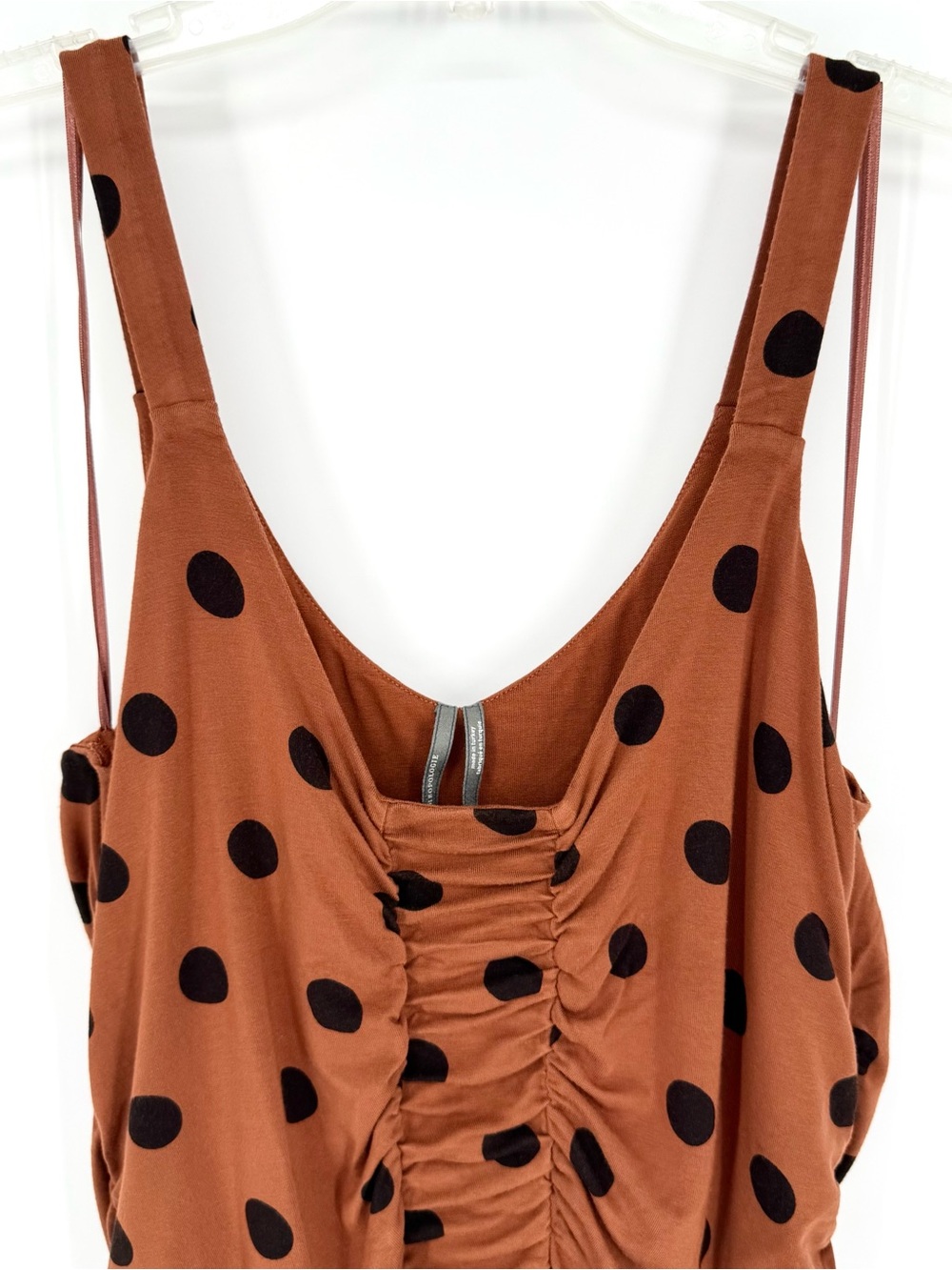 By Anthropologie Ruched Polka Dot Gathered Midi Dress Brown Plus Size L - Picture 7 of 13